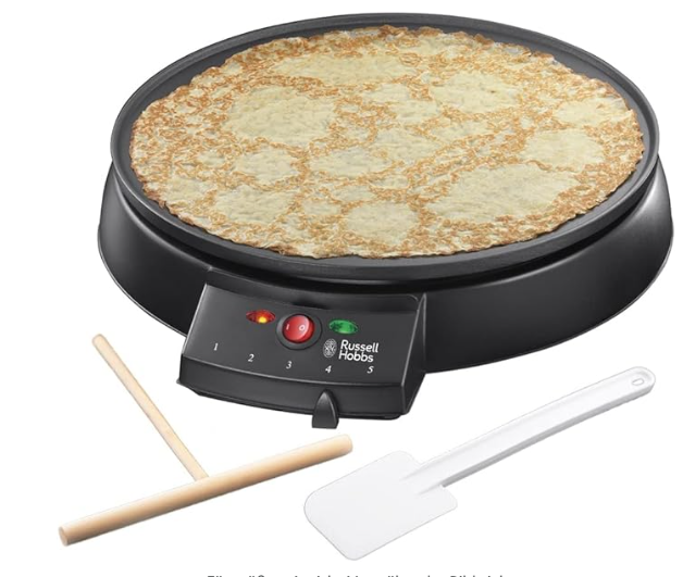 Russell Hobbs Crepes Maker O30cm antihaftbeschichtete Platte inkl. Teigverteiler Wender Fiesta Elektrogrill fuer Crepes Pancakes Galettes Burritos Taccos 1000W